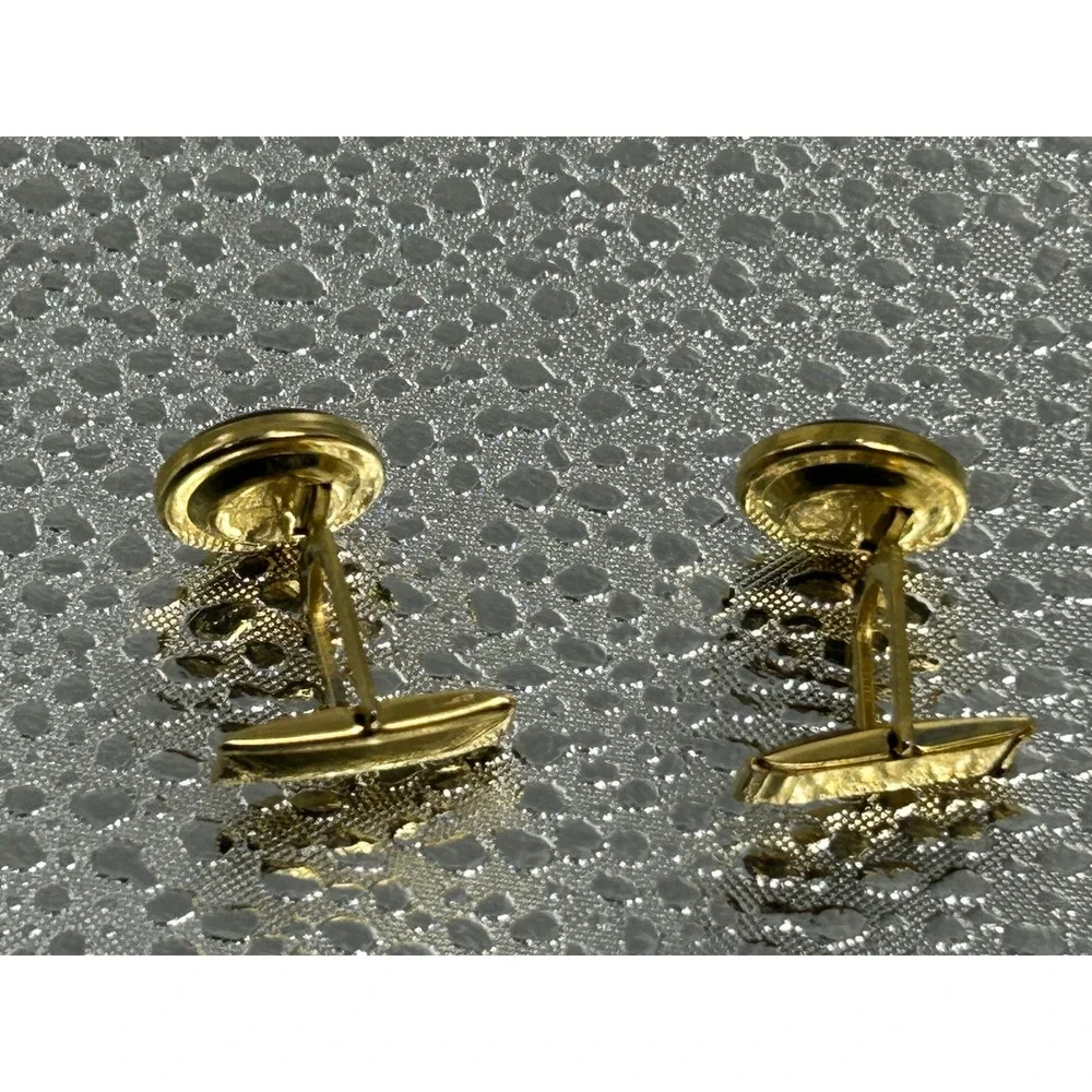 Vintage Gold Tone Round Black Onyx‎ Inlay Cufflinks Formal Wedding Business Mens